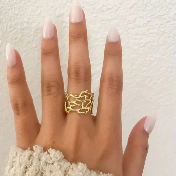 925 Sterling Silver Gold Textured Ring Vine Coral Tree Branch Ring Boho Ring - Picture 2 of 9